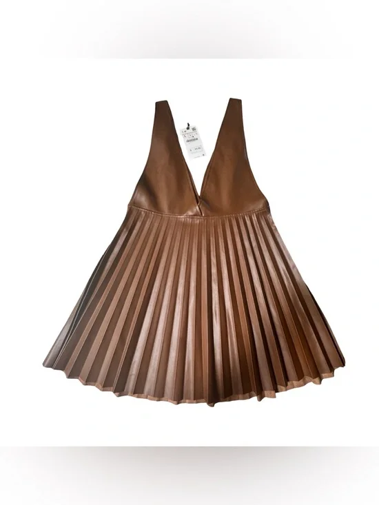 NWT ZARA Brown Vegan Leather Pleated Dress - Picture 5 of 9